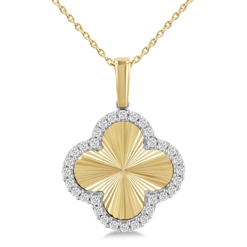 10K Yellow and White Gold Sunray Clover Necklace with Diamonds