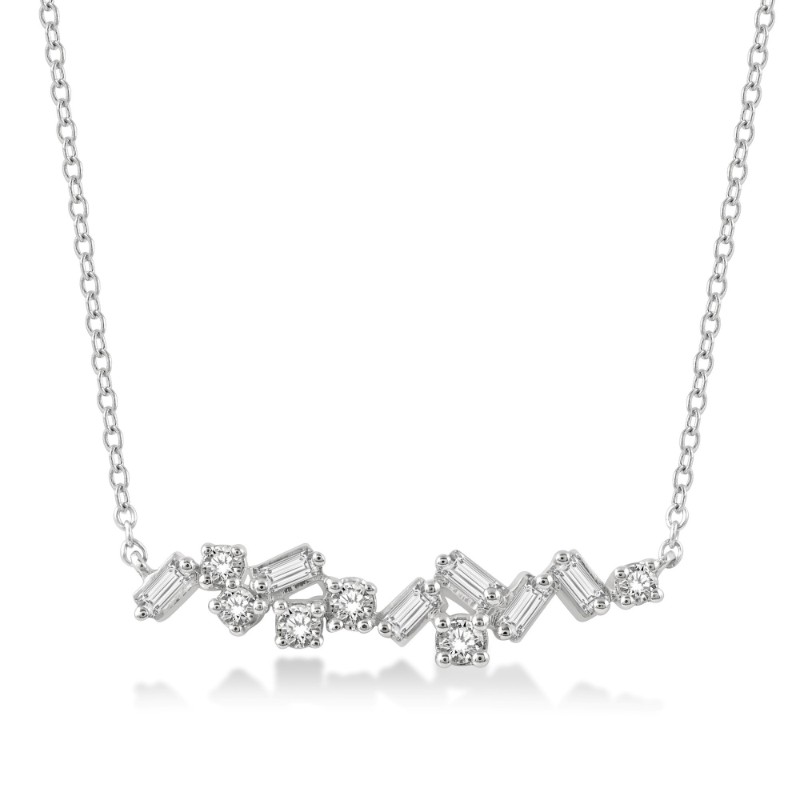 14K White Gold Round and Baguette Diamond Sprinkle Necklace