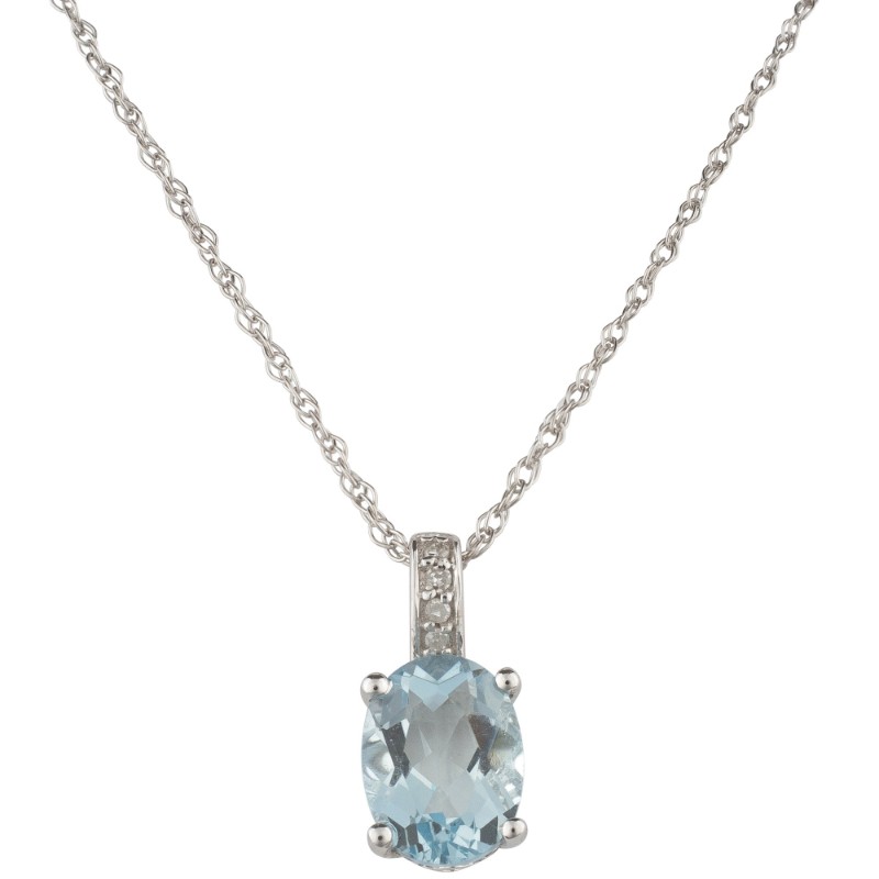 14K White Oval Aquamarine and Diamond March Birthstone Pendant