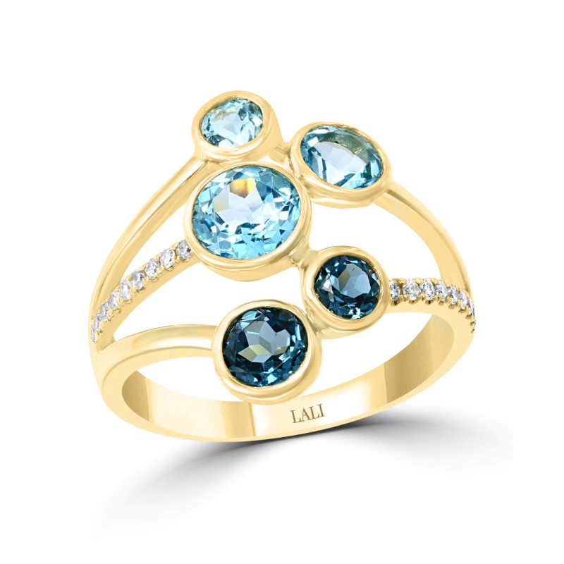 14K Yellow Gold Swiss Blue and London Blue Topaz Ring