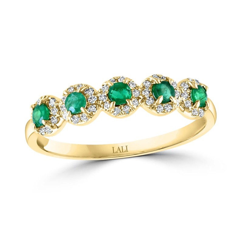 Emerald and Diamond Halo Band in 14K Yellow Gold