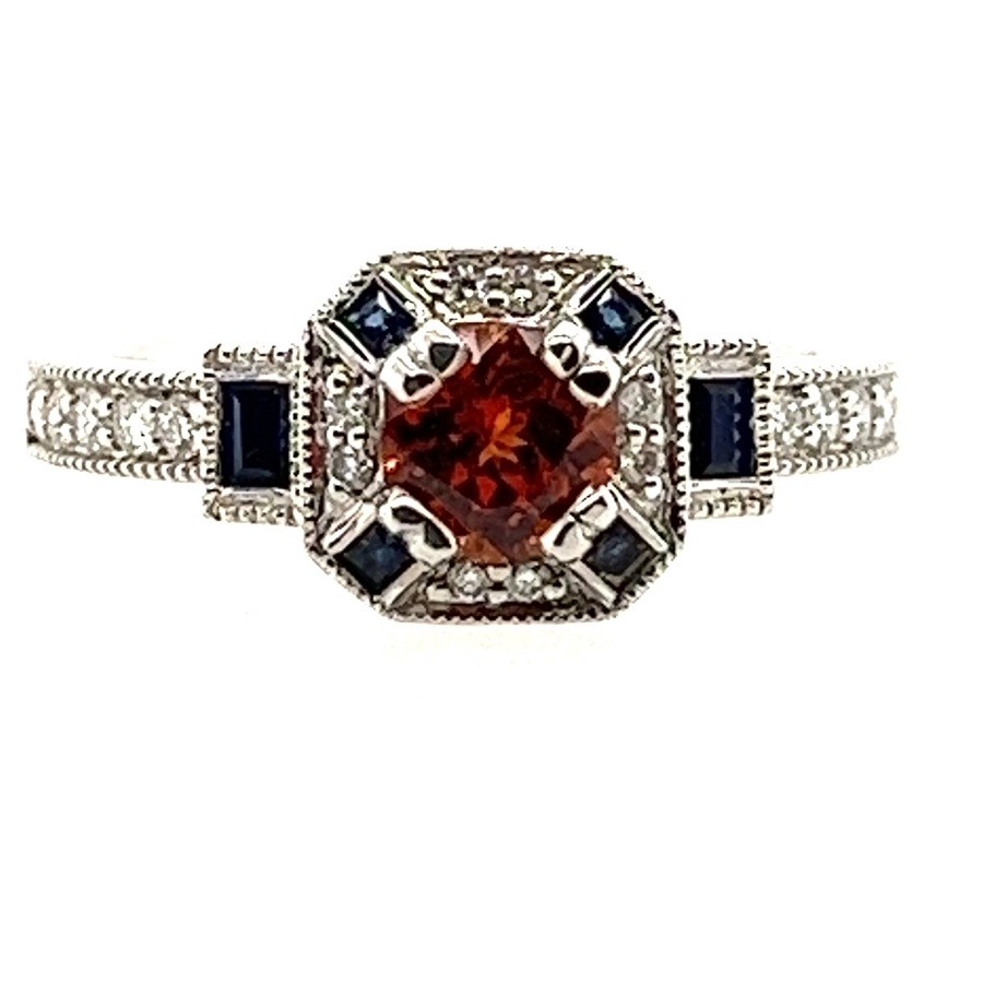 Small Garnet and Sapphire Ring in 14K White Gold