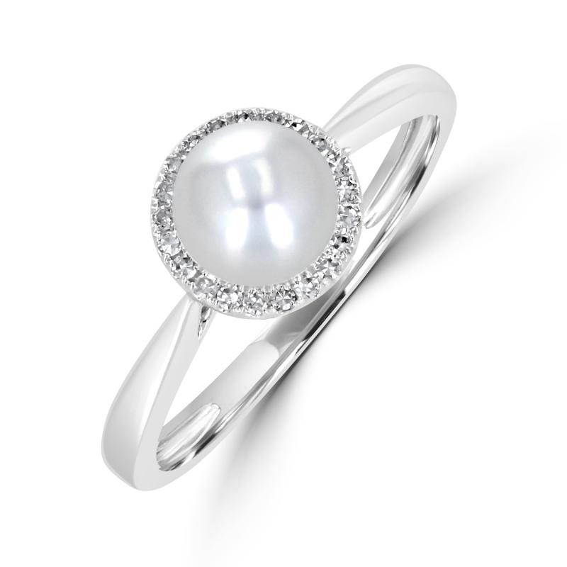 Freshwater Pearl Ring with Halo in 14K White Gold