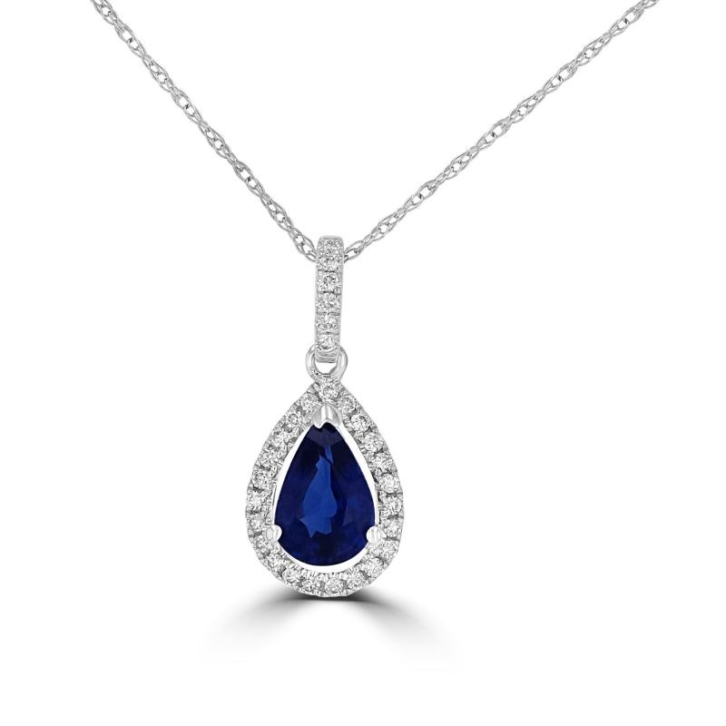 Pear Blue Sapphire Pendant with Diamond Halo