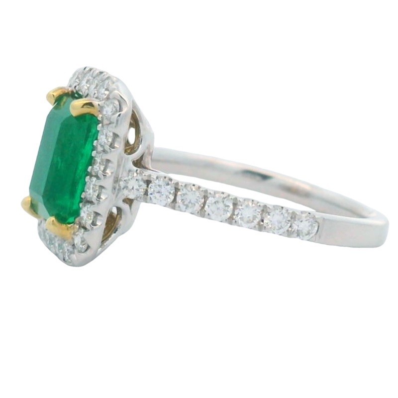 Emerald Ring with Diamond Halo in 18K Gold