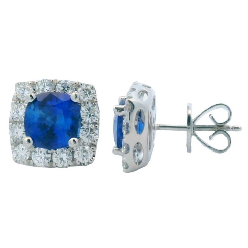 Blue Sapphire Studs with Cushion Halo in 18K White Gold