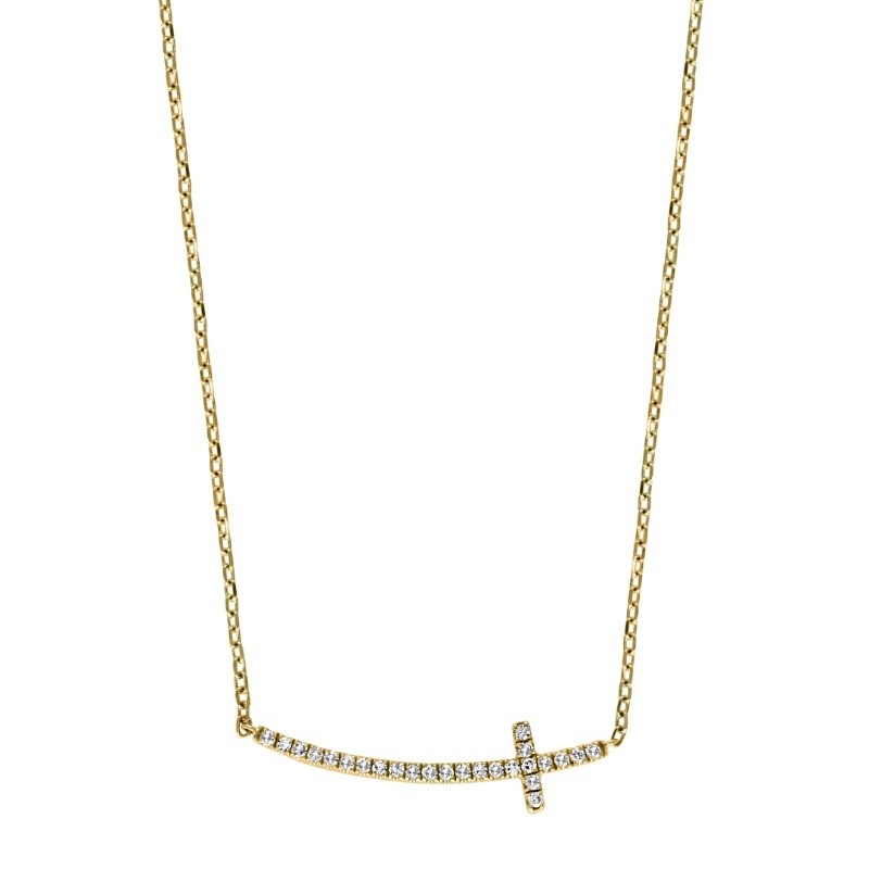 14K Yellow Gold Curved Diamond Cross Necklace