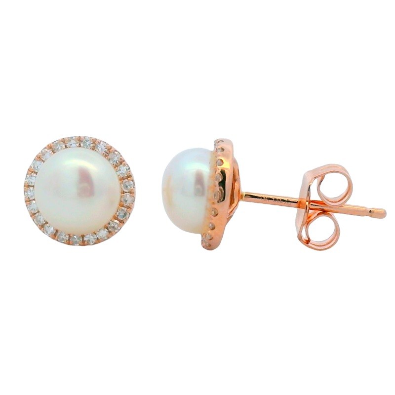 Pearl Studs with Diamond Halo in 14K Rose Gold