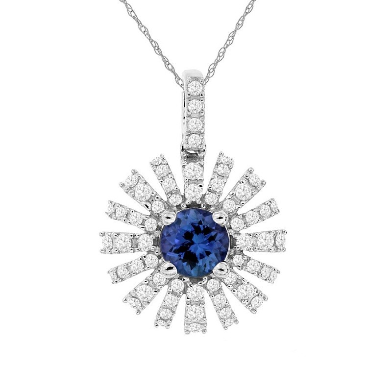 Tanzanite and Diamond Sunburst Pendant in 14K White Gold