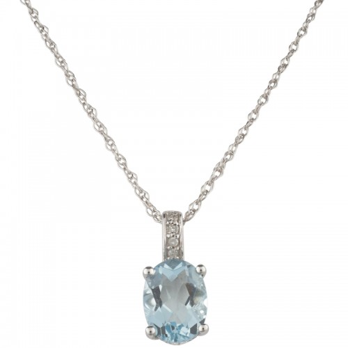 14K White Oval Aquamarine and Diamond March Birthstone Pendant