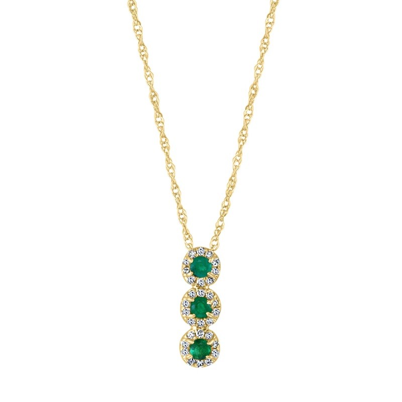 Emerald and Diamond Halo Drop Necklace in 14K Yellow Gold