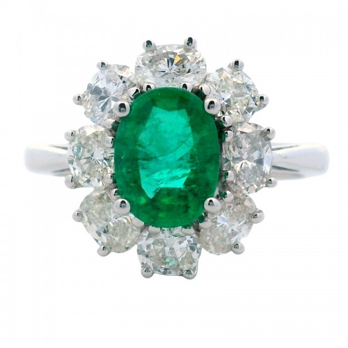 Oval Emerald and Diamond Flower Ring in 14K White Gold