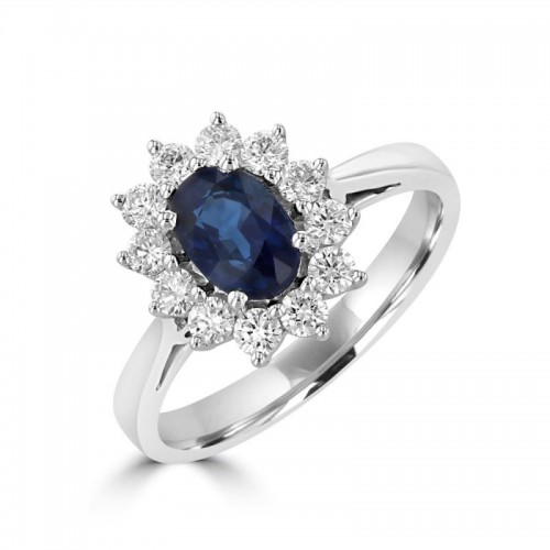 Blue Sapphire and Diamond Halo Ring