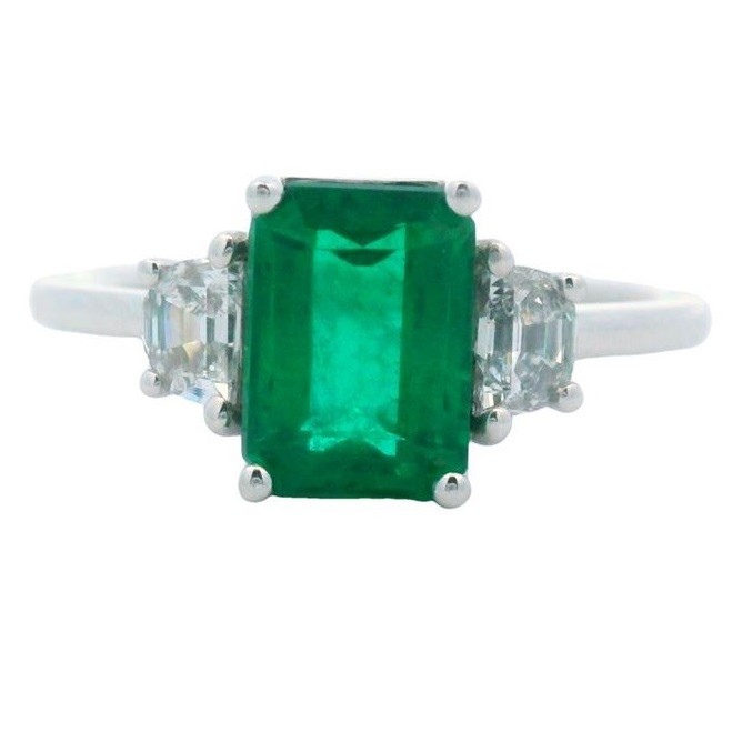 Three Stone Emerald Ring in 18K White Gold