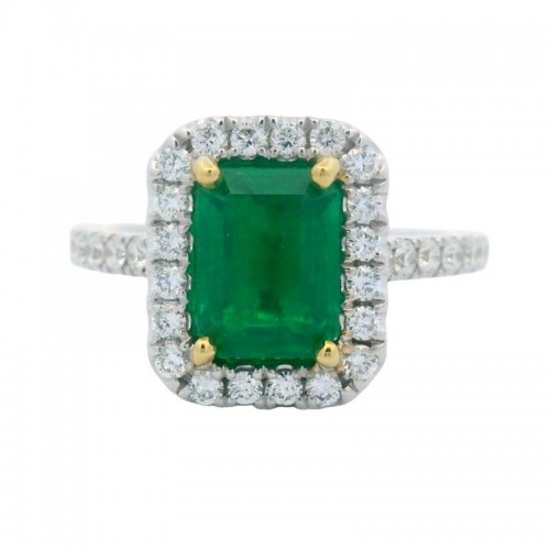 Emerald Ring with Diamond Halo in 18K Gold