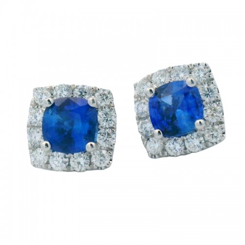 Blue Sapphire Studs with Cushion Halo in 18K White Gold