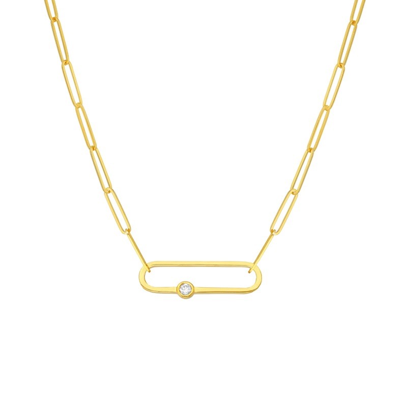 Paper Clip Necklace with Diamond in 14K Yellow Gold