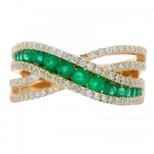 Emerald and Diamond Crossover Band in 14K Yellow Gold