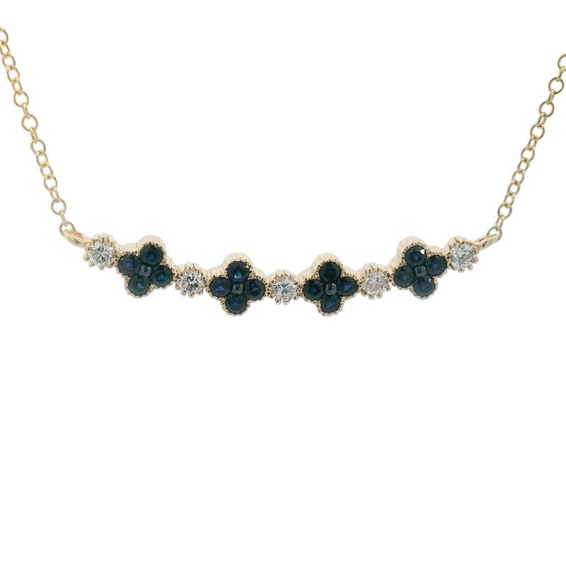 Blue Sapphire Flower and Diamond Bar Necklace